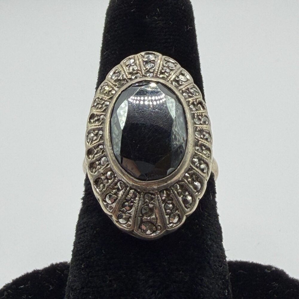Vintage 925 Sterling Silver Black Onyx Marcasite Statement Ring Size 6.25
